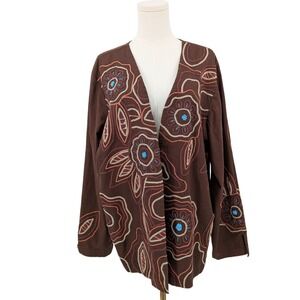 Mirasol Woman Brown Embroidered Floral Jacket 2X Fall Boho Artsy Beaded